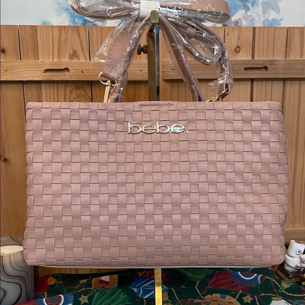 Bebe Pink Woven Tote Bag with Detachable Crossbody Strap